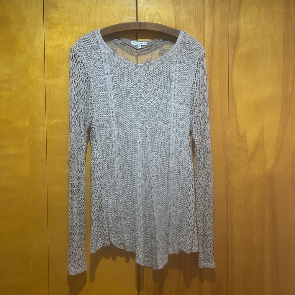 Tempo Paris Sweater‎ Womens Medium Beige Taupe Crochet Lace Boho Cottagecore